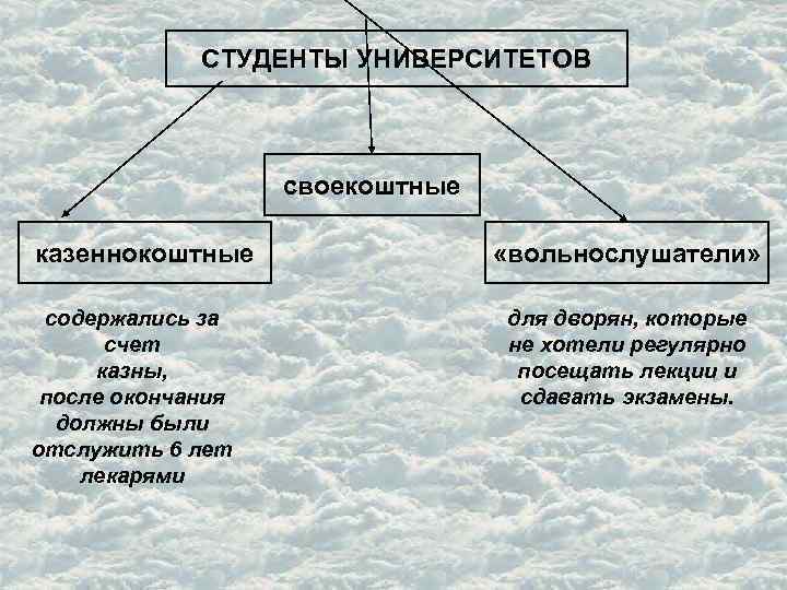 СТУДЕНТЫ УНИВЕРСИТЕТОВ своекоштные казеннокоштные содержались за счет казны, после окончания должны были отслужить 6