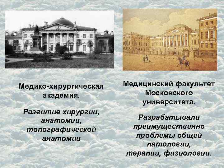 Медико-хирургическая академия. Развитие хирургии, анатомии, топографической анатомии Медицинский факультет Московского университета. Разрабатывали преимущественно проблемы