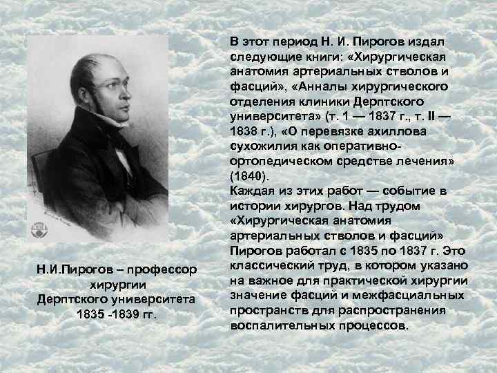 Н. И. Пирогов – профессор хирургии Дерптского университета 1835 -1839 гг. В этот период