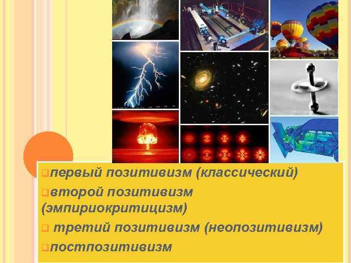 qпервый позитивизм (классический) qвторой позитивизм (эмпириокритицизм) q третий позитивизм (неопозитивизм) qпостпозитивизм 
