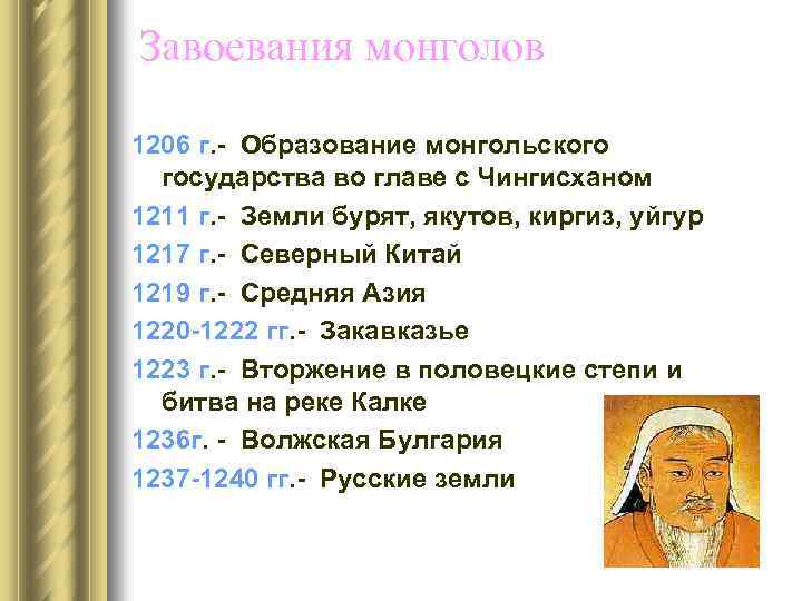 Завоевания монголов 1206 г. - Образование монгольского государства во главе с Чингисханом 1211 г.