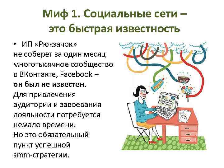 Миф 1. Социальные сети – это быстрая известность • ИП «Рюкзачок» не соберет за