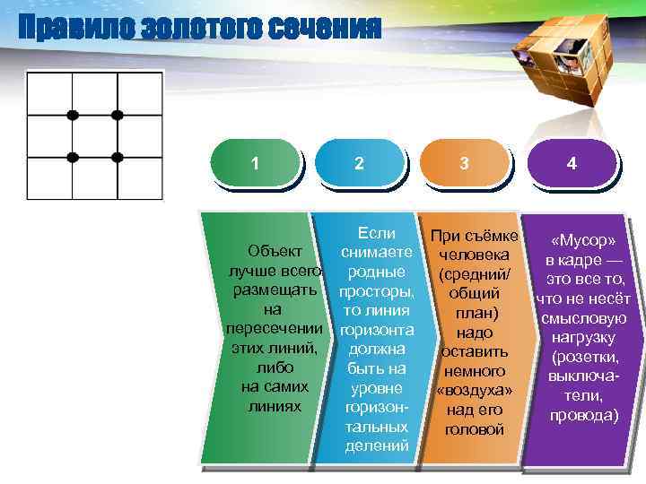 LOGO Правило золотого сечения 1 2 3 4 Если При съёмке «Мусор» Объект снимаете