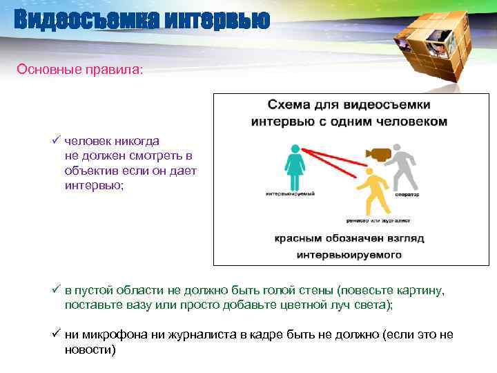 LOGO Видеосъемка интервью Основные правила: ü человек никогда не должен смотреть в объектив если