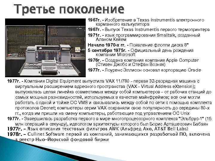 Третье поколение 1967 г. - Изобретение в Texas Instrumentis электронного карманного калькулятора 1967 г.