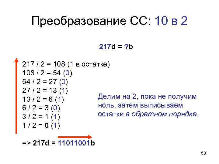 Преобразование СС: 10 в 2 217 d = ? b 217 / 2 =