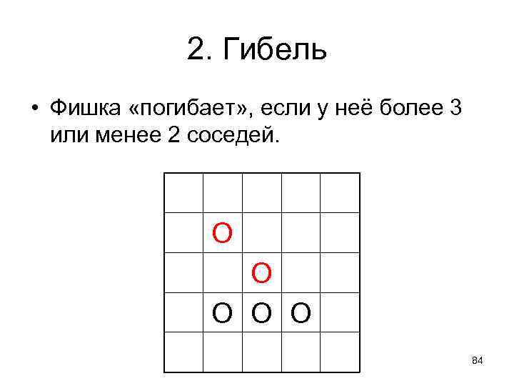 2. Гибель • Фишка «погибает» , если у неё более 3 или менее 2