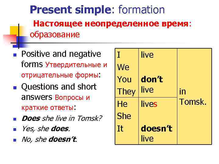 Present simple: formation Настоящее неопределенное время: образование n n n Positive and negative forms