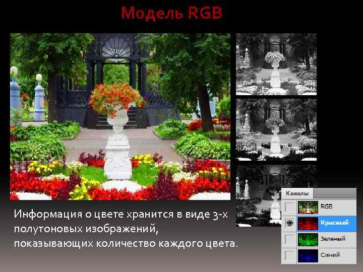 Модель RGB Информация о цвете хранится в виде 3 -х полутоновых изображений, показывающих количество