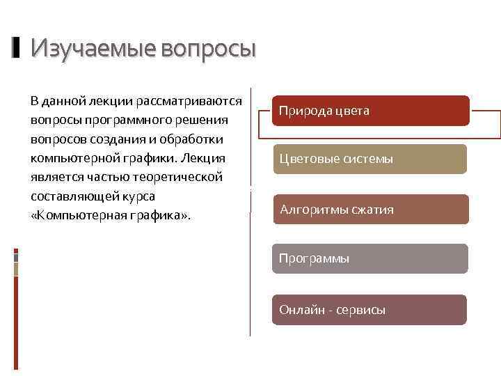 Изучаемые вопросы В данной лекции рассматриваются Природа цвета вопросы программного решения вопросов создания и