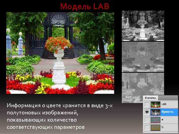 Модель LAB Информация о цвете хранится в виде 3 -х полутоновых изображений, показывающих количество