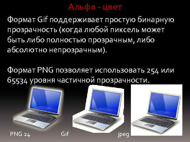 Альфа - цвет Формат Gif поддерживает простую бинарную прозрачность (когда любой пиксель может быть