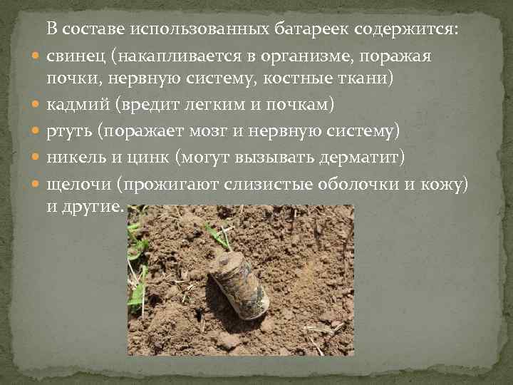  В составе использованных батареек содержится: свинец (накапливается в организме, поражая почки, нервную систему,