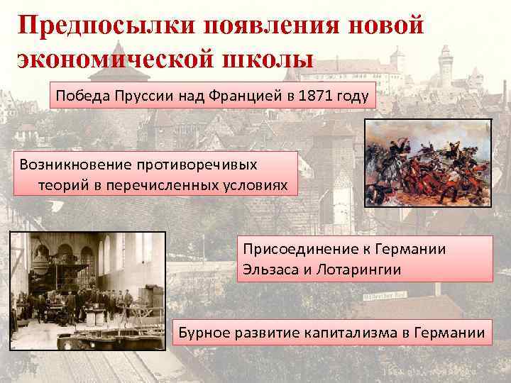 Предпосылки появления новой экономической школы Победа Пруссии над Францией в 1871 году Возникновение противоречивых
