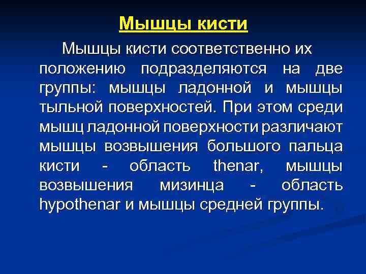 Мышцы кисти соответственно их положению подразделяются на две группы: мышцы ладонной и мышцы тыльной