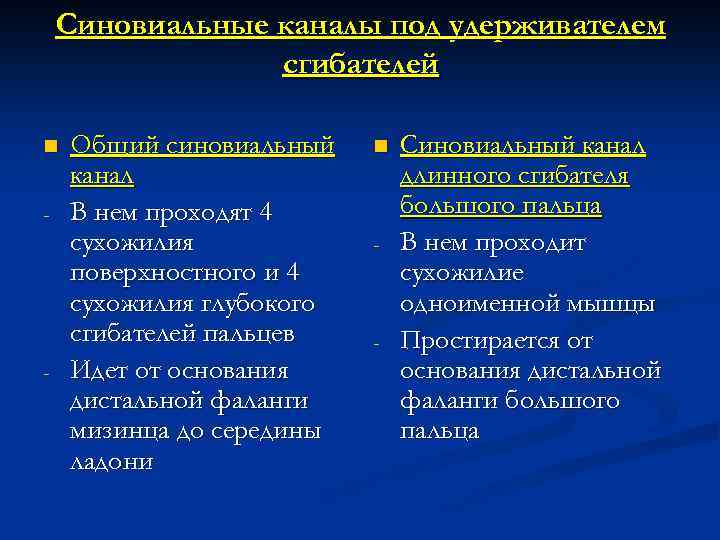 Синовиальные каналы под удерживателем сгибателей n - - Общий синовиальный канал В нем проходят