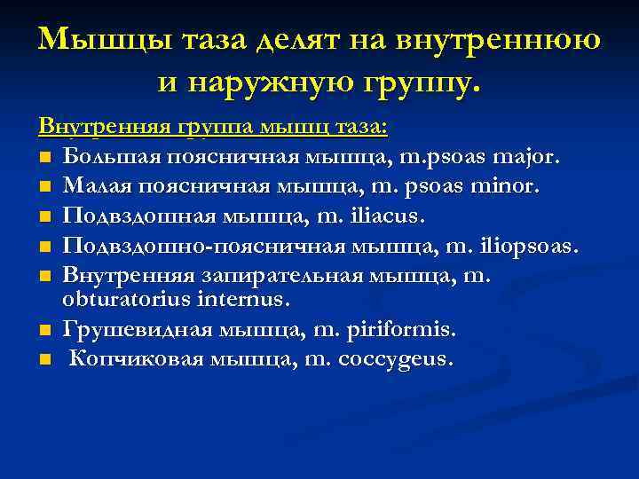 Мышцы таза делят на внутреннюю и наружную группу. Внутренняя группа мышц таза: n Большая