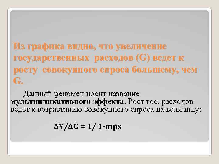 Из графика видно, что увеличение государственных расходов (G) ведет к росту совокупного спроса большему,