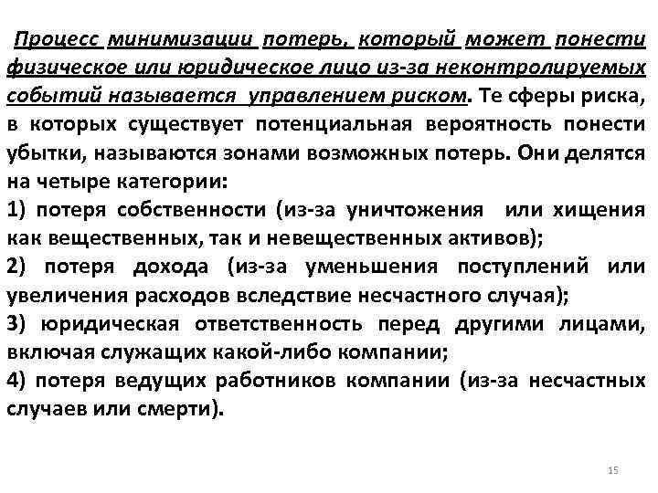 Процесс минимизации потерь, который может понести физическое или юридическое лицо из-за неконтролируемых событий называется