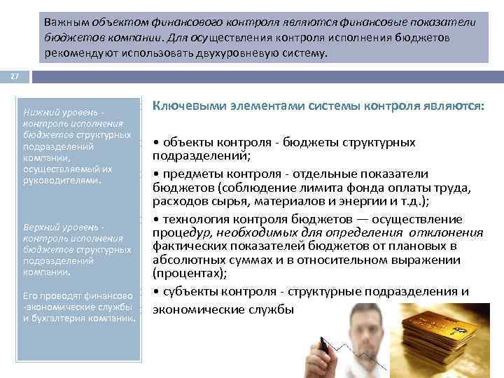 Важным объектом финансового контроля являются финансовые показатели бюджетов компании. Для осуществления контроля исполнения бюджетов