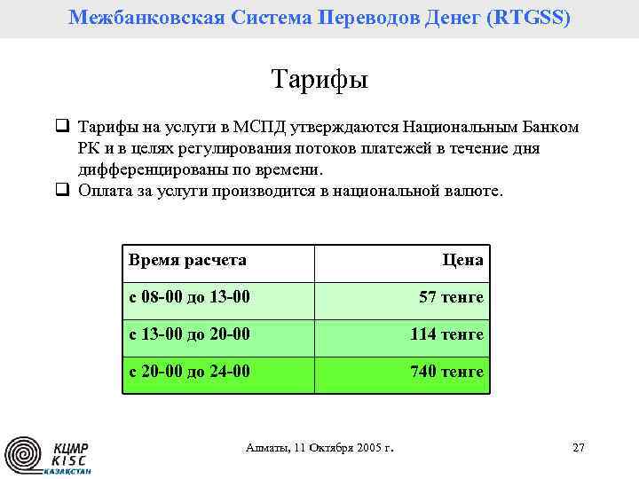 Межбанковская Система Переводов Денег (RTGSS) Тарифы q Тарифы на услуги в МСПД утверждаются Национальным