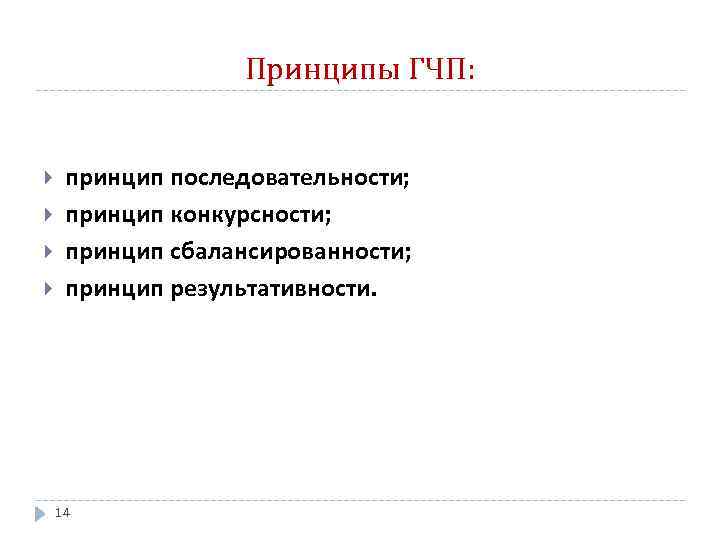 Принципы ГЧП: принцип последовательности; принцип конкурсности; принцип сбалансированности; принцип результативности. 14 