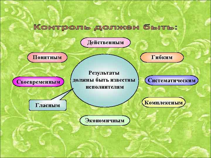 Действенным Понятным Своевременным Гибким Результаты должны быть известны исполнителям Систематическим Комплексным Гласным Экономичным 