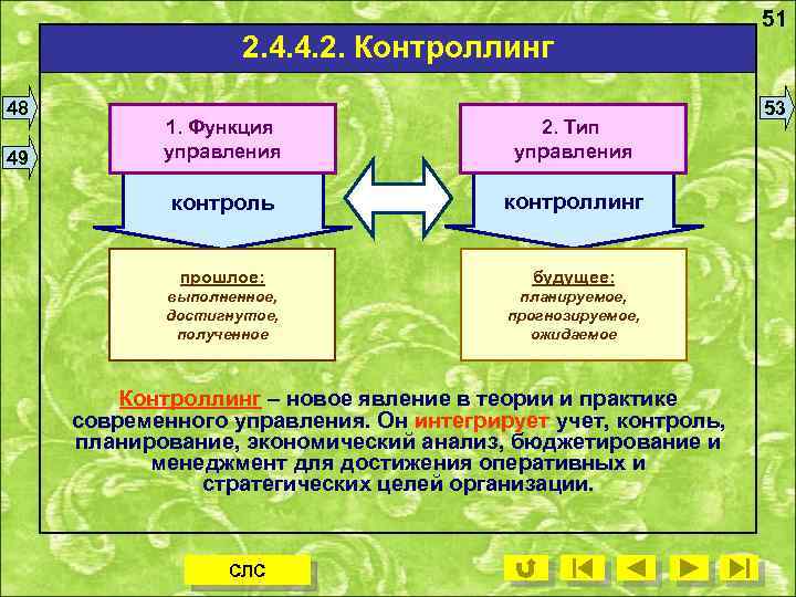 2. 4. 4. 2. Контроллинг 48 49 1. Функция управления 2. Тип управления контроль