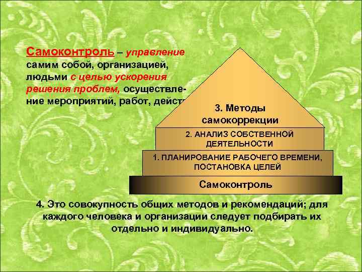 Самоконтроль – управление самим собой, организацией, людьми с целью ускорения решения проблем, осуществление мероприятий,