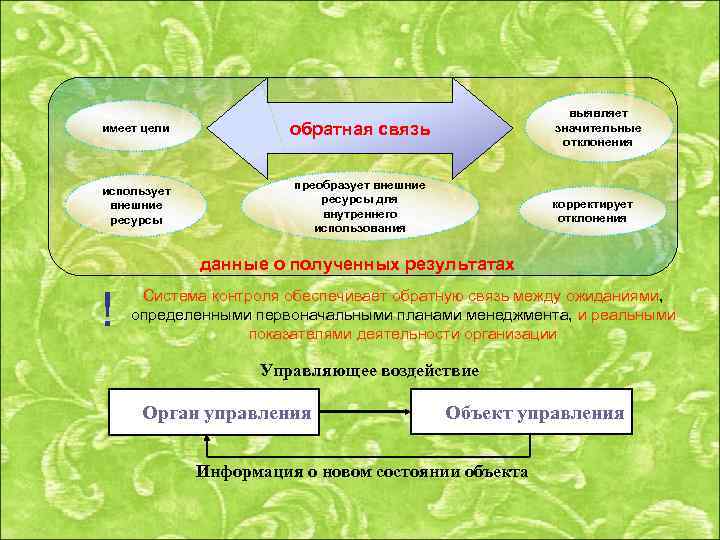 имеет цели обратная связь использует внешние ресурсы выявляет значительные отклонения преобразует внешние ресурсы для