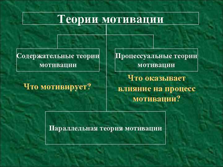 Теории мотивации Содержательные теории мотивации Процессуальные теории мотивации Что мотивирует? Что оказывает влияние на