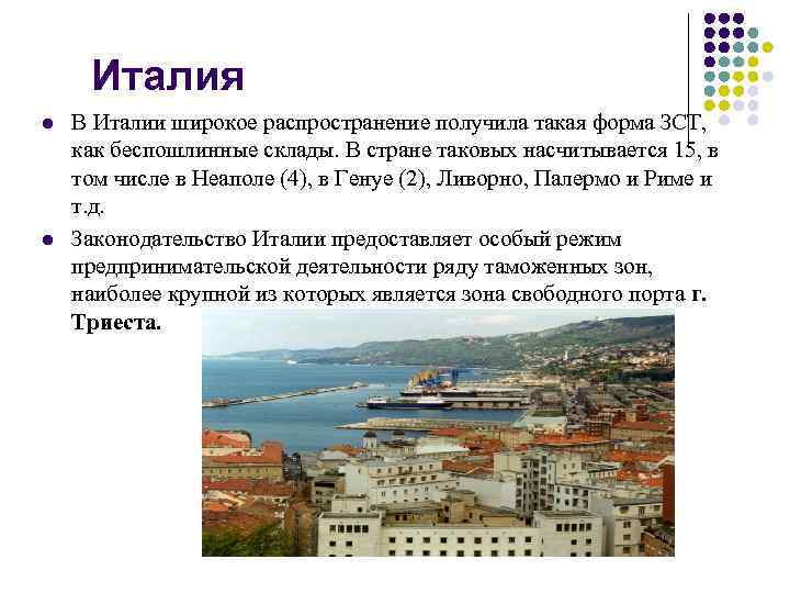 Италия l l В Италии широкое распространение получила такая форма ЗСТ, как беспошлинные склады.