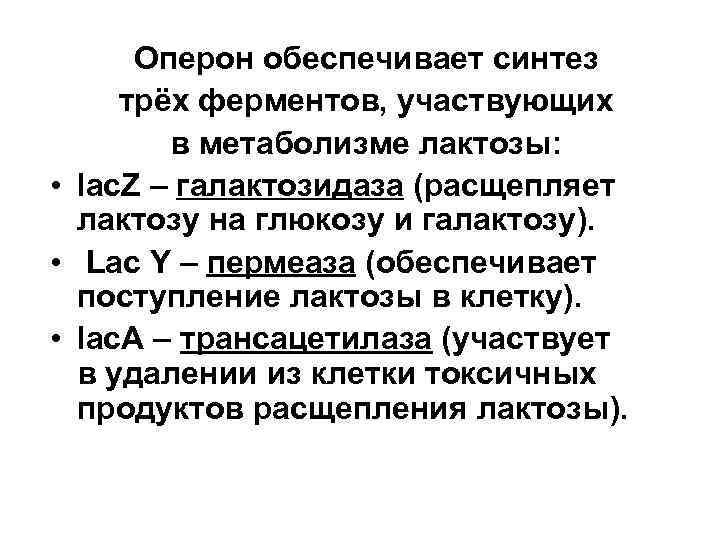 Оперон обеспечивает синтез трёх ферментов, участвующих в метаболизме лактозы: • lac. Z – галактозидаза