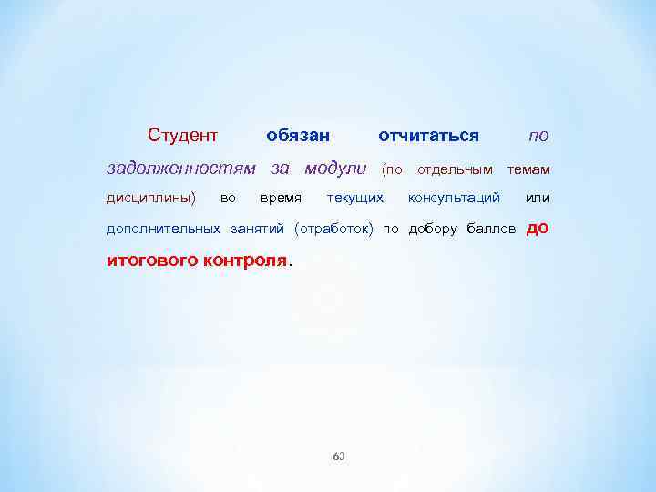 Студент обязан задолженностям за модули дисциплины) во время отчитаться (по отдельным темам текущих консультаций