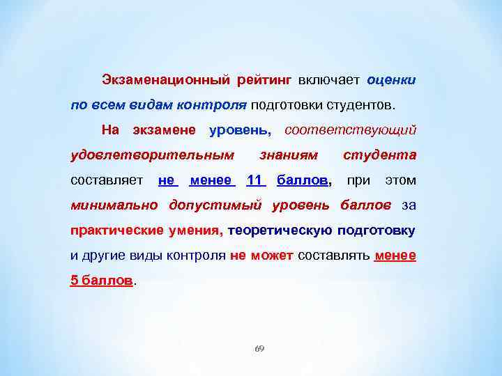 Экзаменационный рейтинг включает оценки по всем видам контроля подготовки студентов. На экзамене уровень, соответствующий