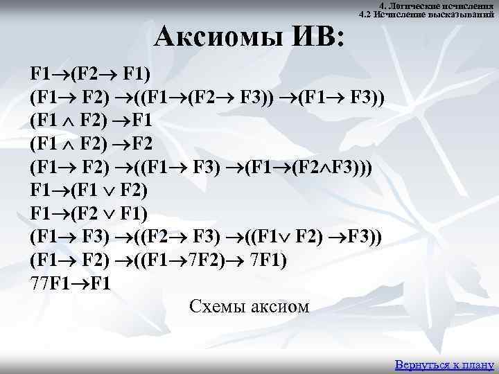 Аксиомы ИВ: 4. Логические исчисления 4. 2 Исчисление высказываний F 1 (F 2 F