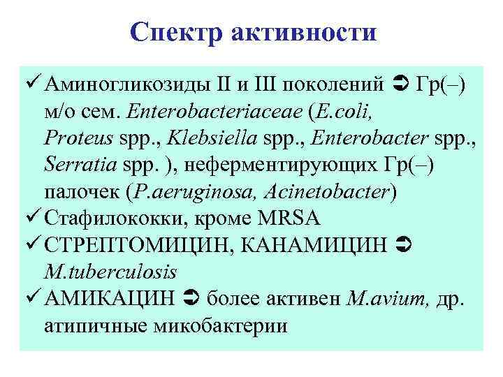 Спектр активности ü Аминогликозиды II и III поколений Гр(–) м/о сем. Enterobacteriaceae (E. coli,