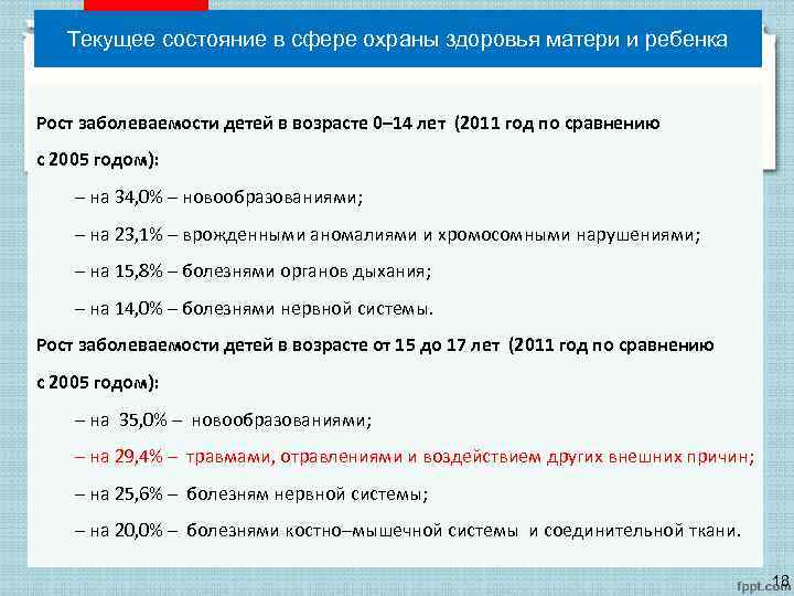 Текущее состояние в сфере охраны здоровья матери и ребенка Рост заболеваемости детей в возрасте