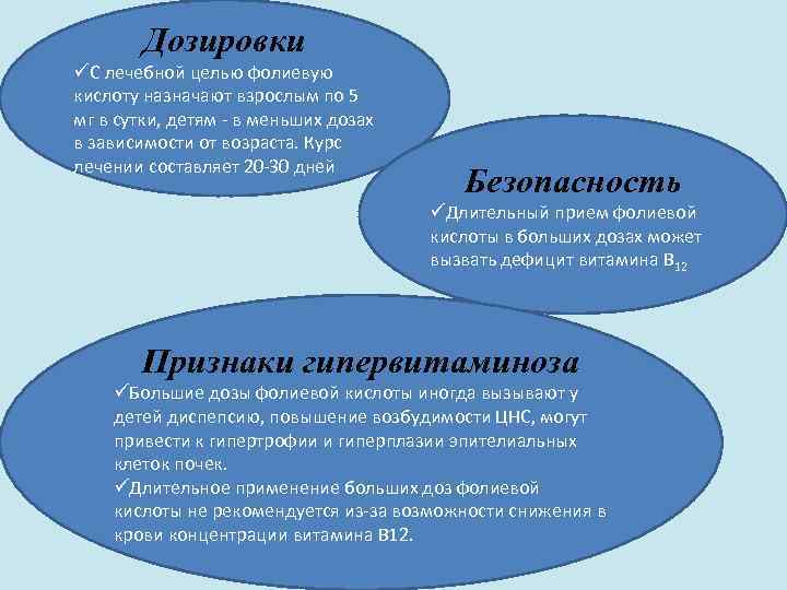 Дозировки üС лечебной целью фолиевую кислоту назначают взрослым по 5 мг в сутки, детям