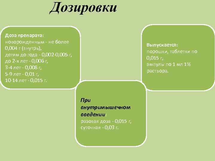 Дозировки Доза препарата: новорожденным - не более 0, 004 г (внутрь), детям до года