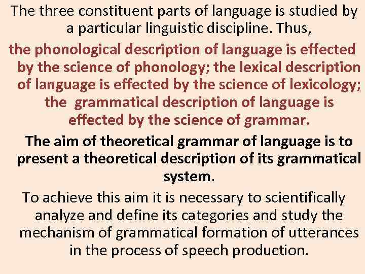  The three constituent parts of language is studied by a particular linguistic discipline.