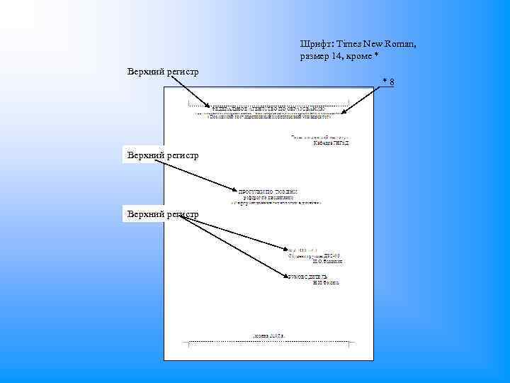 Шрифт: Times New Roman, размер 14, кроме * Верхний регистр *8 