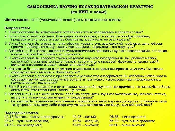 САМООЦЕНКА НАУЧНО-ИССЛЕДОВАТЕЛЬСКОЙ КУЛЬТУРЫ (до НИП и после) Шкала оценок – от 1 (минимальная оценка)