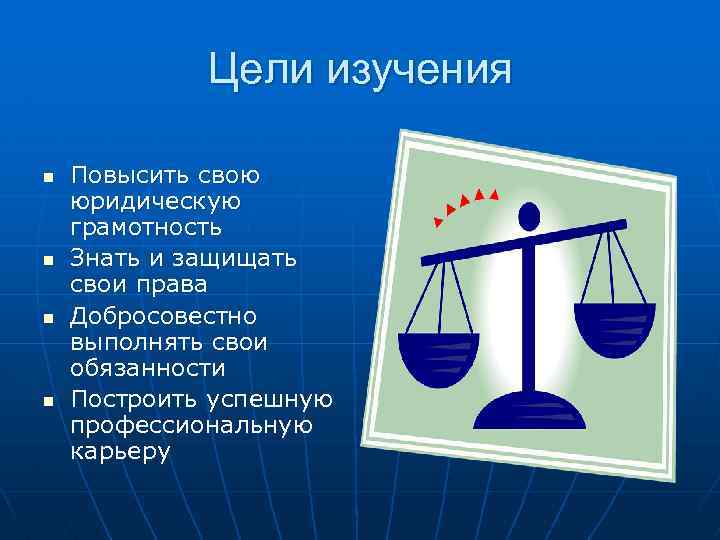 Цели изучения n n Повысить свою юридическую грамотность Знать и защищать свои права Добросовестно