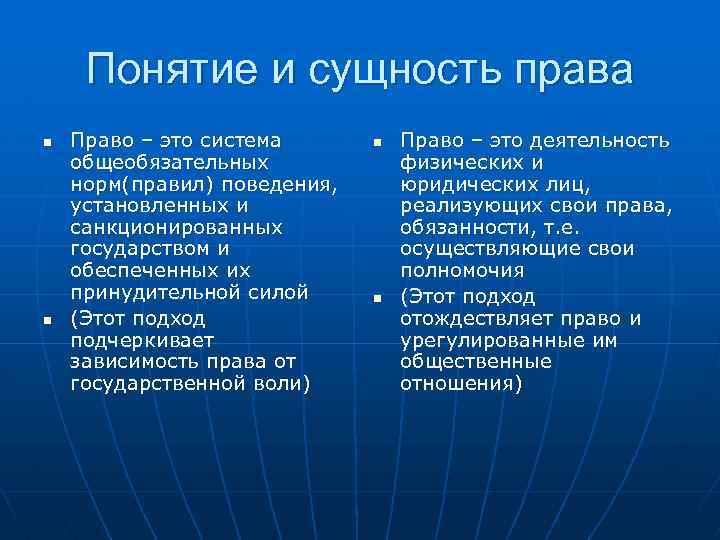 Понятие и сущность права n n Право – это система общеобязательных норм(правил) поведения, установленных