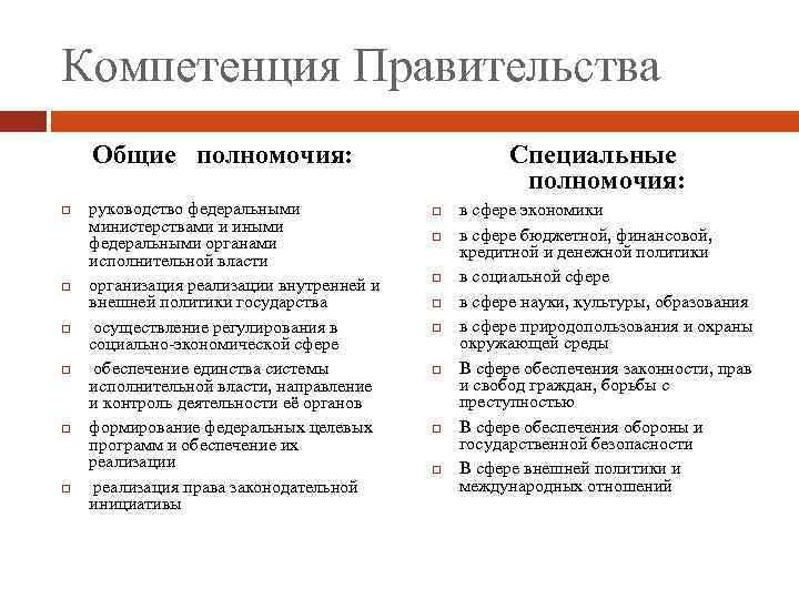 Компетенция Правительства Общие полномочия: руководство федеральными министерствами и иными федеральными органами исполнительной власти организация