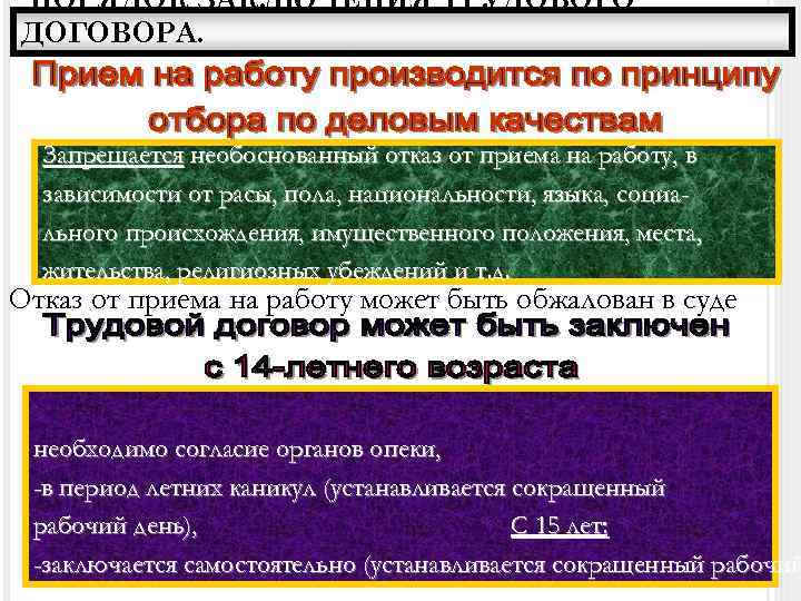 ПОРЯДОК ЗАКЛЮЧЕНИЯ ТРУДОВОГО ДОГОВОРА. Запрещается необоснованный отказ от приема на работу, в зависимости от