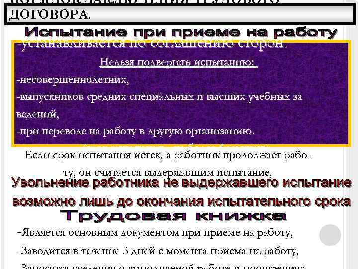 ПОРЯДОК ЗАКЛЮЧЕНИЯ ТРУДОВОГО ДОГОВОРА. -устанавливается по соглашению сторон. Нельзя подвергать испытанию: -несовершеннолетних, -выпускников средних