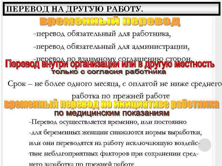 ПЕРЕВОД НА ДРУГУЮ РАБОТУ. -перевод обязательный для работника, -перевод обязательный для администрации, -перевод по