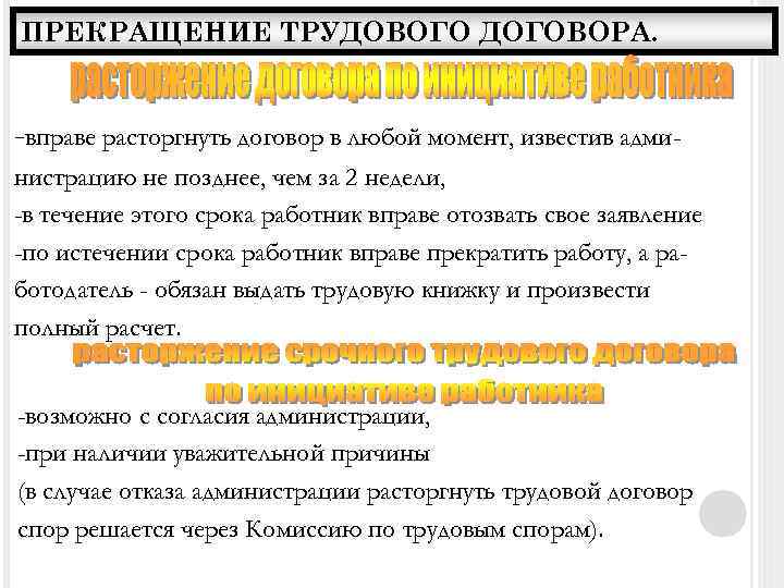 ПРЕКРАЩЕНИЕ ТРУДОВОГО ДОГОВОРА. -вправе расторгнуть договор в любой момент, известив администрацию не позднее, чем